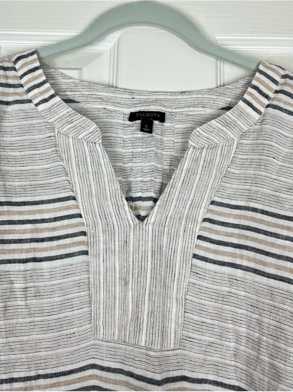 Talbots 100% Linen Reef Stripe Tie Sleeve Top Sz L Coastal Lightweight - Picture 3 of 9